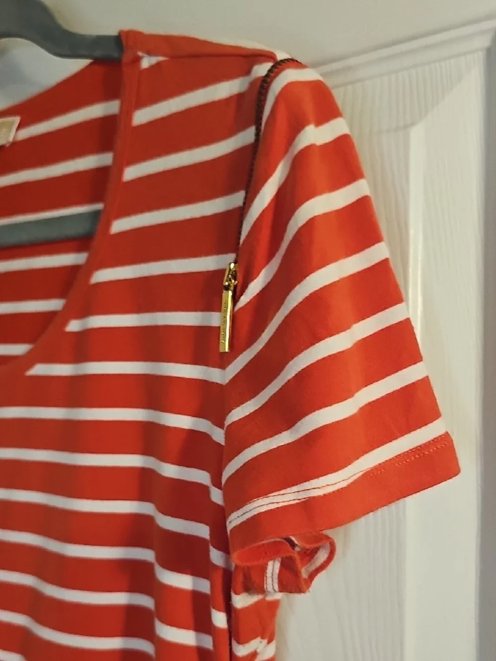 Michael Kors Orange & White Striped Short-Sleeve Scoop Neck Tee with Side Ruche